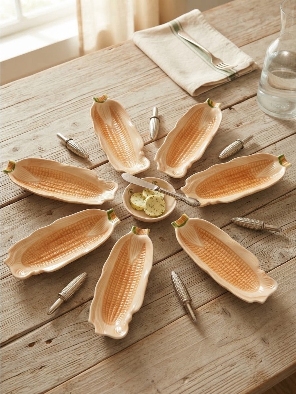 Vintage Majolica Style Ceramic Corn on the Cob Dishes Farmhouse Retro Tableware